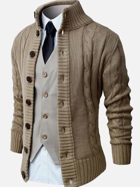 Nitagut NWT Stand Collar Cardigan Sweater Tan Cable Knit Men’s Sz L